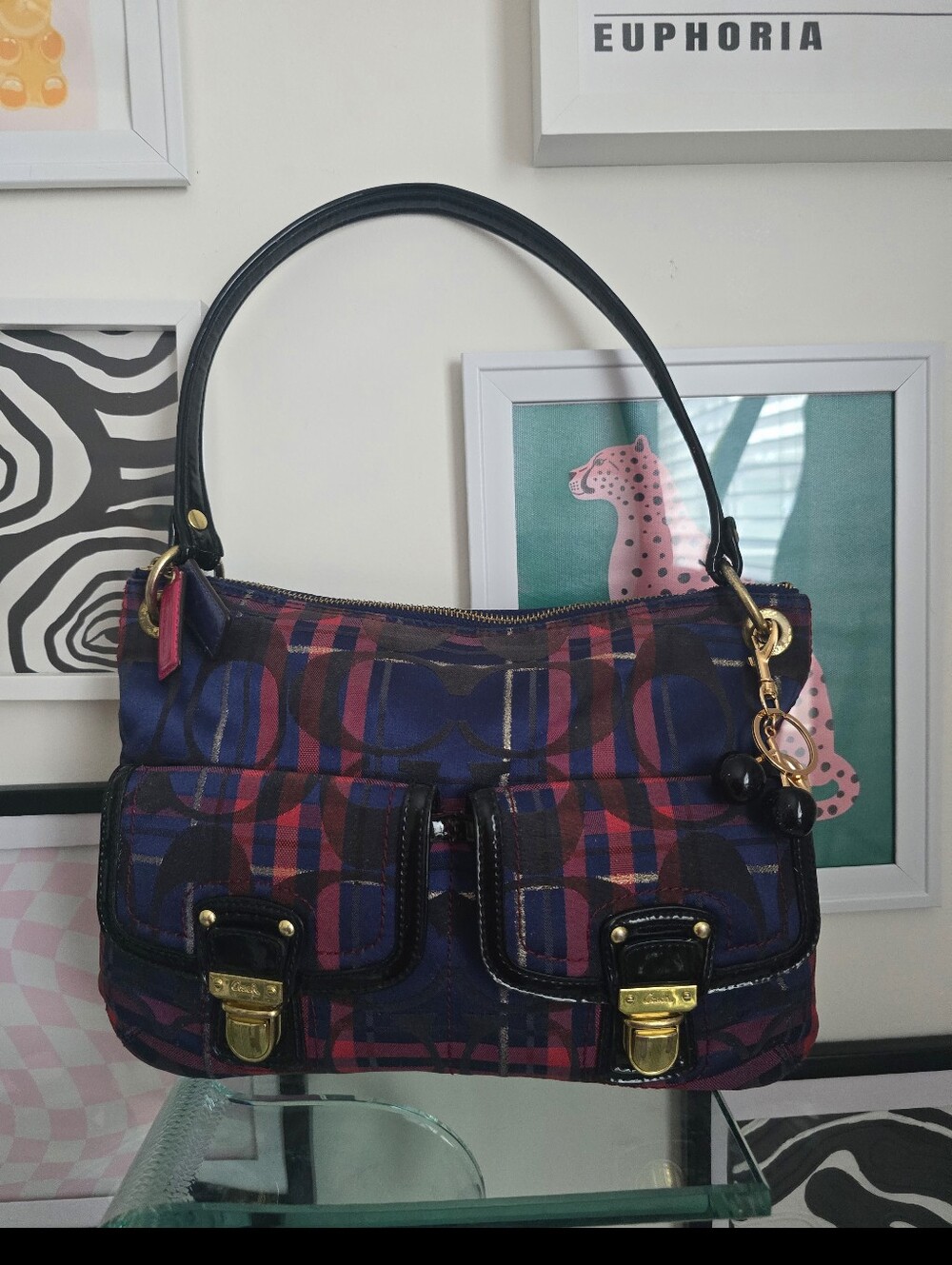 Vintage Coach Poppy Tartan Plaid Ahoulder Bag W/Cherry Charm